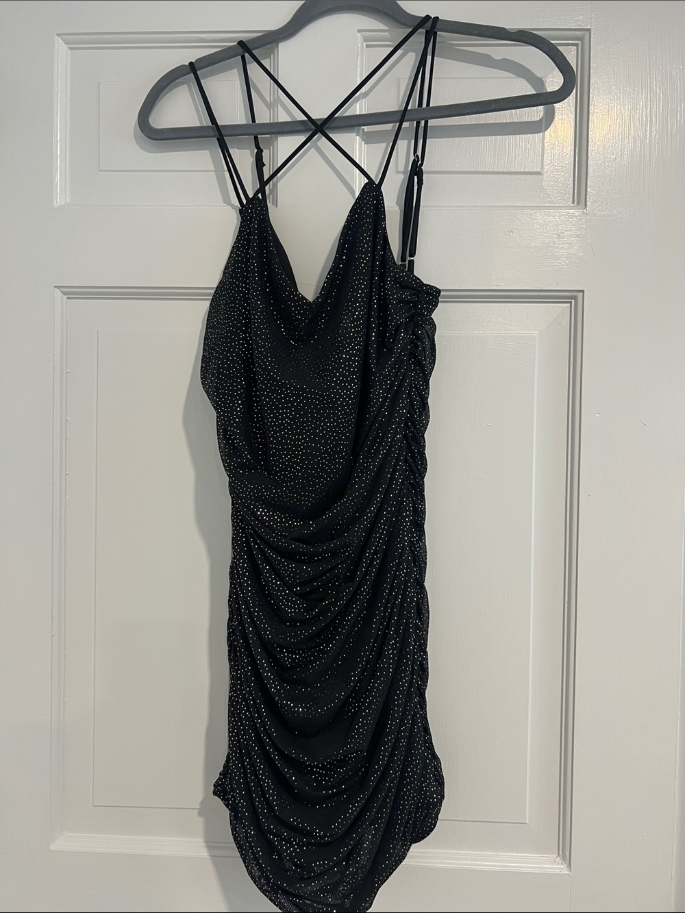 Lucy in the Sky Black Sparkle Cowl Ruched Mini Dress